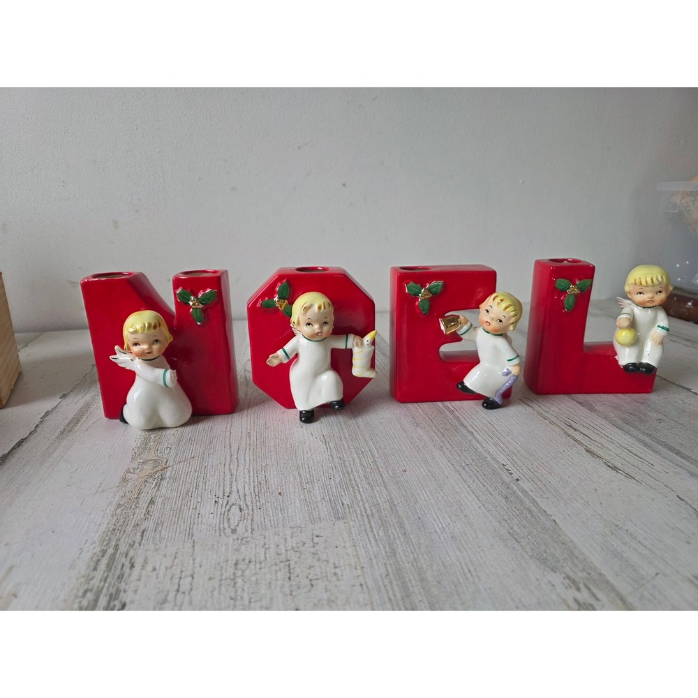Vintage napco NOEL Angel AS IS ceramic Xmas poinsettia cherub red decor